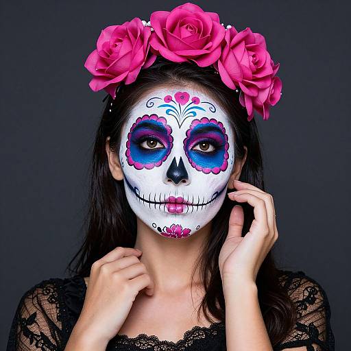 Photograph of a woman with white face paint, blue and pink sugar skull design, black lace top, and pink rose headband, against a dark