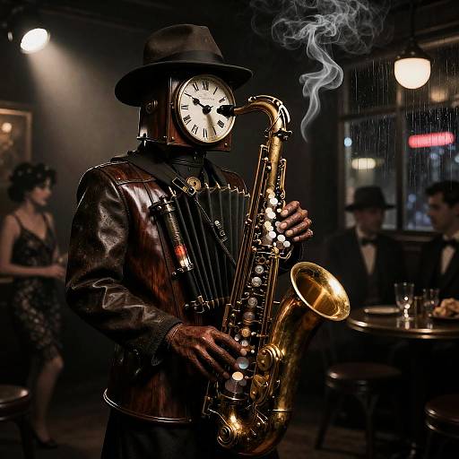 Midnight Clockwork Saxophonist in Noir Speakeasy