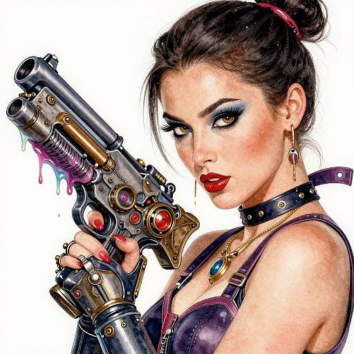 Digital illustration of a fierce, dark-haired woman with heavy makeup, red lipstick, and bold eyeliner, holding a steampunk-style, colorful gun