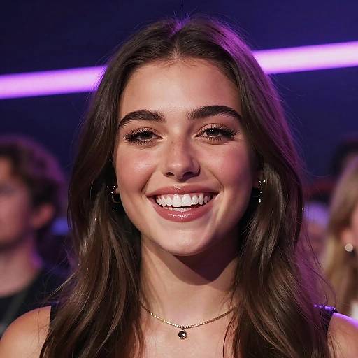 Photograph of a smiling young woman with long brown hair, wearing a black top, gold necklace, and small earrings, under purple neon lights.