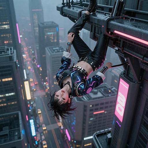 Cyberpunk cityscape: anime-style woman with black hair, neon jacket, and black pants hangs upside down from a rainy skyscraper, surrounded by