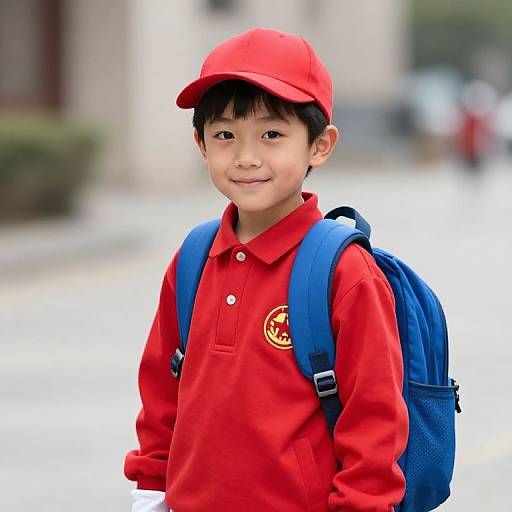 Photograph of an Asian boy with short black hair, wearing a red cap, red polo shirt, blue backpack, smiling outdoors.