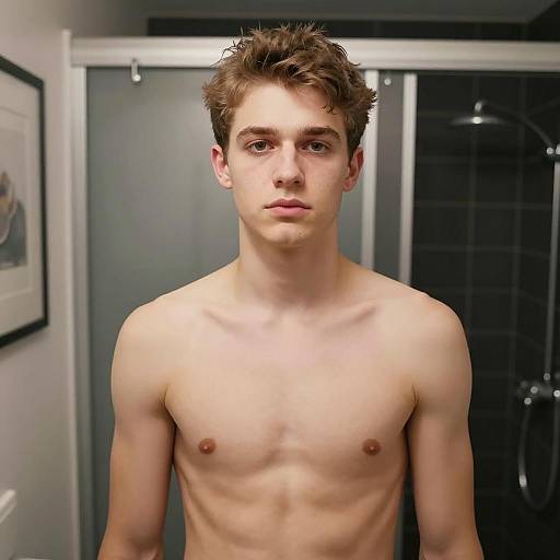 Shirtless Young Man in Modern Bathroom