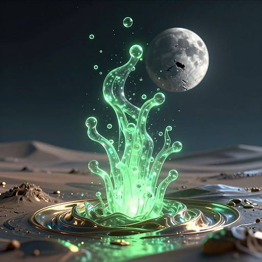 CGI image of a glowing green water splash on a lunar surface with a bright moon in the dark sky.