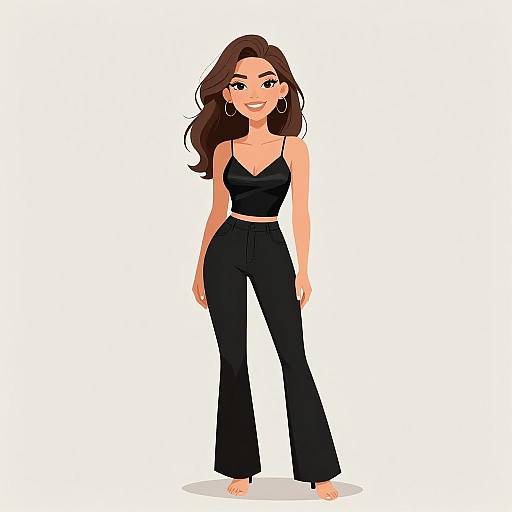 Digital illustration of a smiling woman with long brown hair, wearing a black crop top and high-waisted black pants, standing barefoot against a white