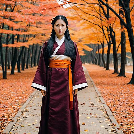 Young Woman in Maroon Hanbok on Autumn Path