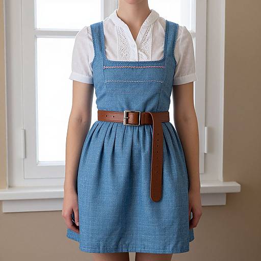 Photograph of a woman wearing a blue, short-sleeved, denim pinafore dress with a white lace-trimmed blouse and brown belt