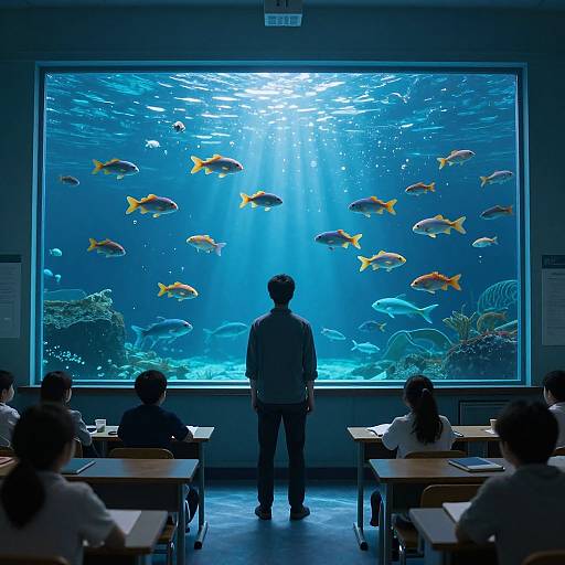 Surreal Classroom with Underwater Window
