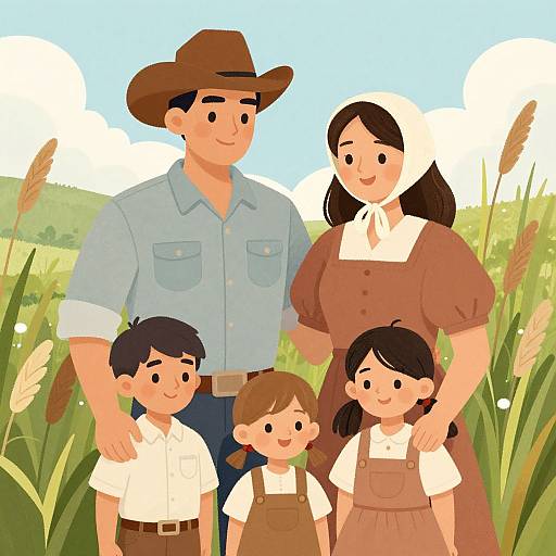 Illustration of a smiling family in a sunny field: father in blue shirt and brown hat, mother in brown dress and white headscarf, and