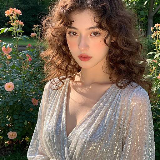 Photograph of a young woman with curly brown hair, wearing a shimmering silver V-neck top, standing in a sunlit garden with blooming roses
