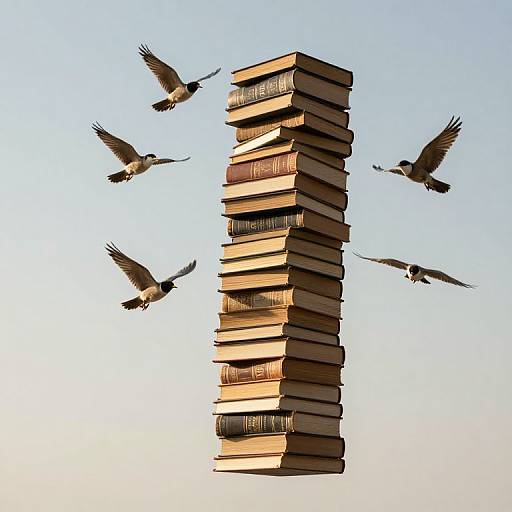 Photograph of a tall stack of books against a clear blue sky, with five birds flying around it.