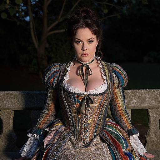 Photograph of a pale-skinned woman with dark hair, wearing a colorful, ornate Victorian corset dress with lace trim, sitting on a stone