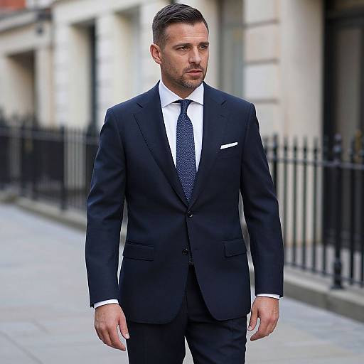 Photograph of a handsome, short-haired man in a black suit, white shirt, and blue polka-dot tie, walking down a city street.