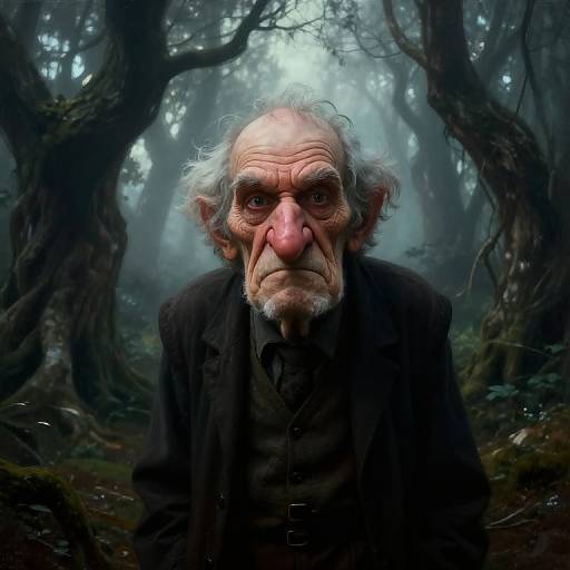 Digital artwork of an elderly, sinister man with a pale, wrinkled face, red nose, and long white hair, standing in a dark, fog