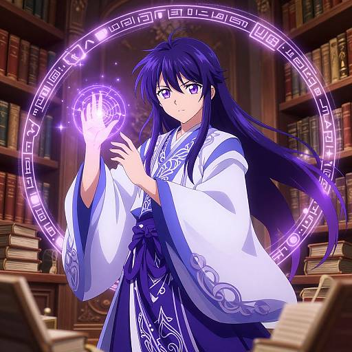 Violet-Eyed Anime Mage in Magical Library