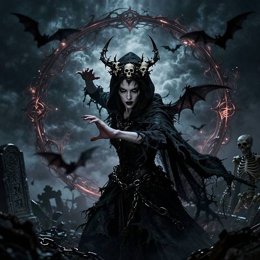 Digital fantasy artwork: Dark witch with skull crown, black wings, and chains, casting spell under stormy moon, surrounded by bats and glowing red runes