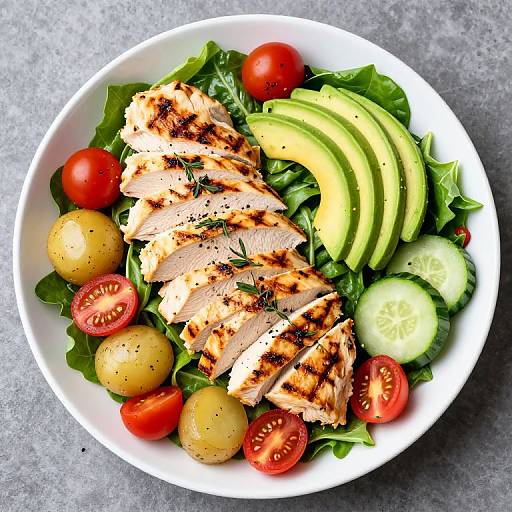 Photograph of grilled chicken breast slices on a white plate, surrounded by avocado slices, cucumber slices, cherry tomatoes, and leafy greens.