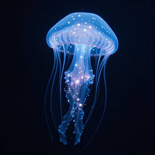 Photograph of a glowing blue jellyfish with translucent tentacles and sparkling white dots, floating against a dark blue background.