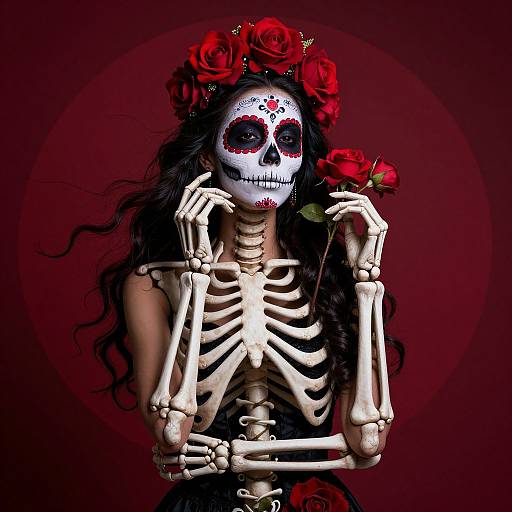 Digital art of a skeletal woman with black hair, red rose crown, holding red roses, white sugar skull face with red patterns, against dark red background