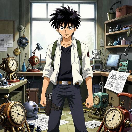 Anime-style drawing of a spiky-haired boy in a white shirt, black pants, holding a gun, standing in a cluttered clockwork workshop.