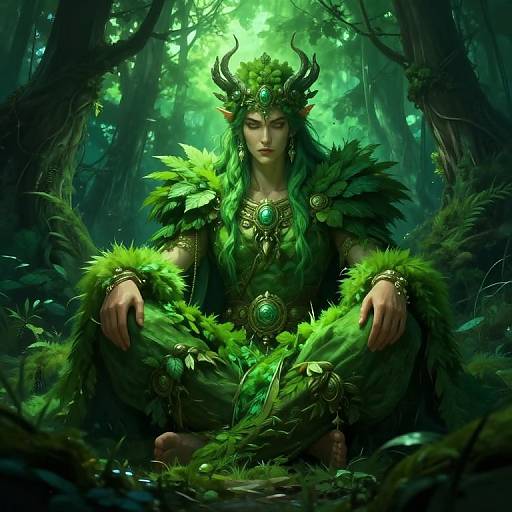 Digital artwork of a green, forest-dwelling, elf-like woman with horned headdress, wearing leafy, gem-embellished attire