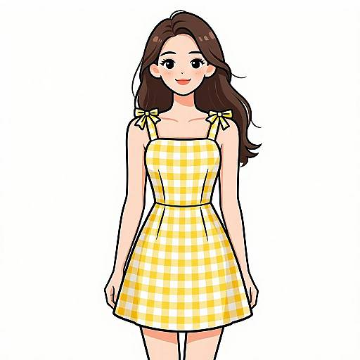 Digital drawing of a smiling woman with long brown hair, wearing a yellow and white checkered sleeveless dress with bow ties.
