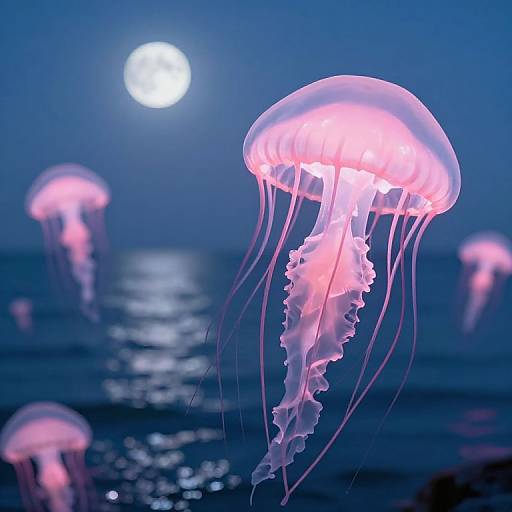 Photograph of glowing pink jellyfish floating in dark blue ocean under a bright full moon, with their translucent bodies and flowing tentacles illuminated against the night
