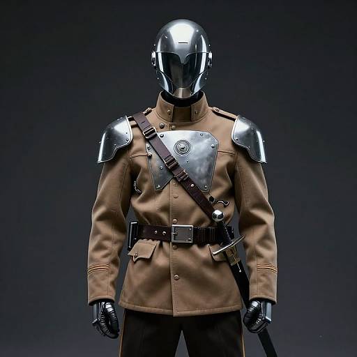 Photograph of a metallic, faceless mannequin in a tan military-style jacket with black shoulder armor, belt, and strap, set against a
