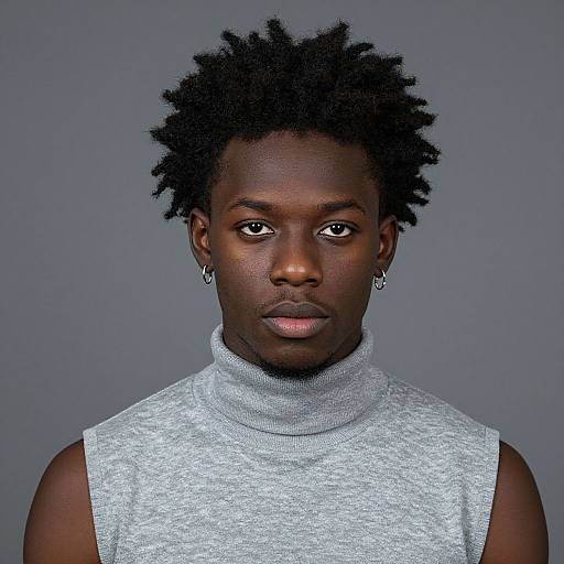 Photograph of a serious, dark-skinned man with natural afro, wearing a gray sleeveless turtleneck, small hoop earrings, against a