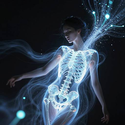 Ethereal Glowing Woman in Particle Decay