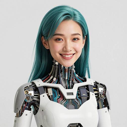 Teal Hair Futuristic Humanoid Portrait Exposed Electronics