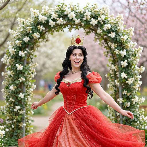 Digital artwork of a smiling, dark-haired princess in a red, sparkling ball gown and gold crown, standing under a floral arch in a blooming garden