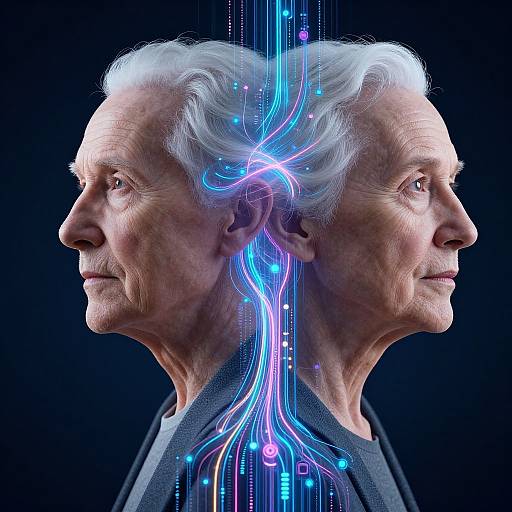 Digital portrait of an elderly white man, viewed from both sides, with glowing blue neural lines connecting his profile, against a black background.