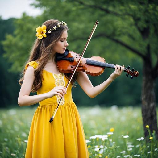 Girl in Yellow Dress Playing Fiddle Outdoors
