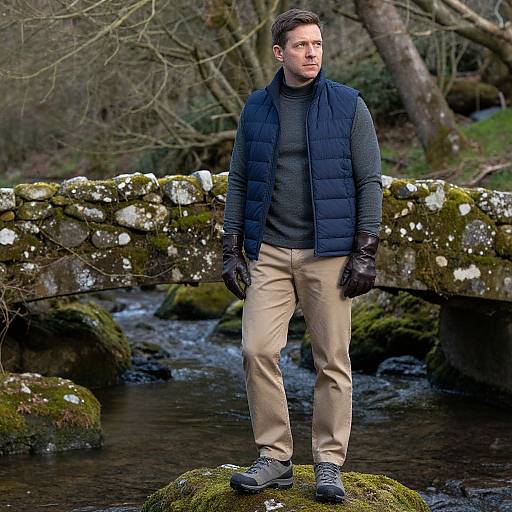 Photograph of a Caucasian man in a dark blue puffy vest, gray turtleneck, beige pants, and gray shoes, standing on a moss