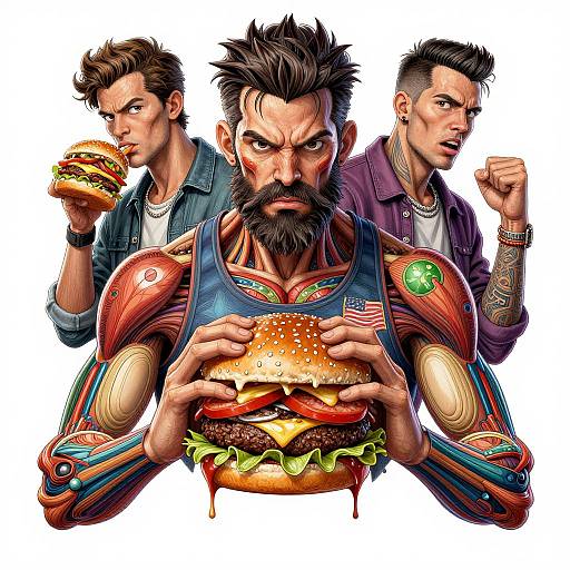 Digital comic-style illustration of three muscular men with tattoos, each holding a large burger, with the central figure wearing robotic armor.