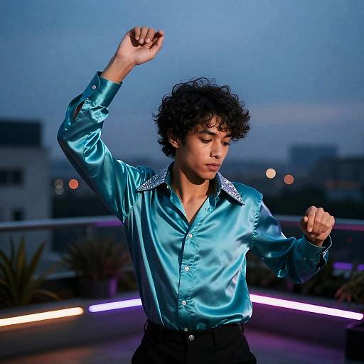 Androgynous Teal Satin Disco Singer