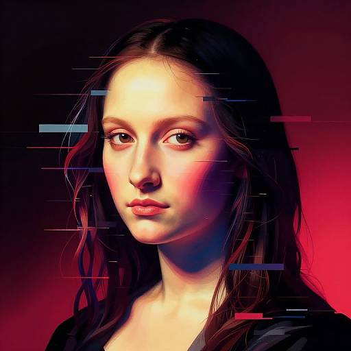 Digital portrait of a young woman with fair skin, long brown hair, and red eyes, set against a vibrant red-black gradient background with glitch effects.