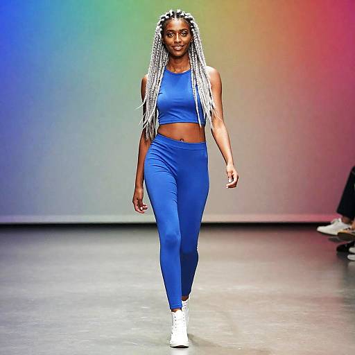 Confident Woman Walking Runway in Blue Outfit