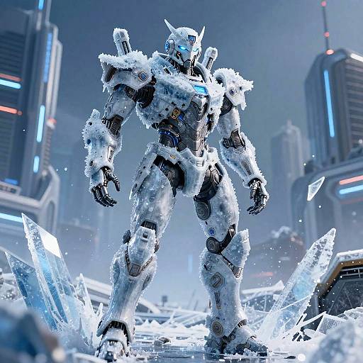 Digital artwork of a snow-covered, glowing-blue robot standing amid shattered ice in a futuristic, neon-lit cityscape at night.
