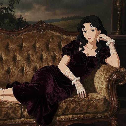 Digital anime-style illustration of a black-haired woman in a black dress and lace gloves, reclining on a vintage, tufted brown couch with a