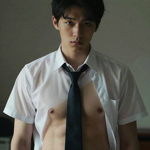 Photograph of a young Asian man with short black hair, wearing an unbuttoned white shirt and black tie, exposing his small, bare chest,