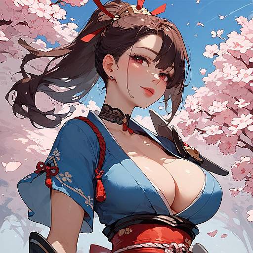 Happy Girl in Blue Dress Under Cherry Blossoms