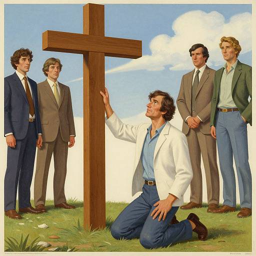 Illustration of five men in suits, one kneeling and touching a wooden cross, with a blue sky and grassy background.