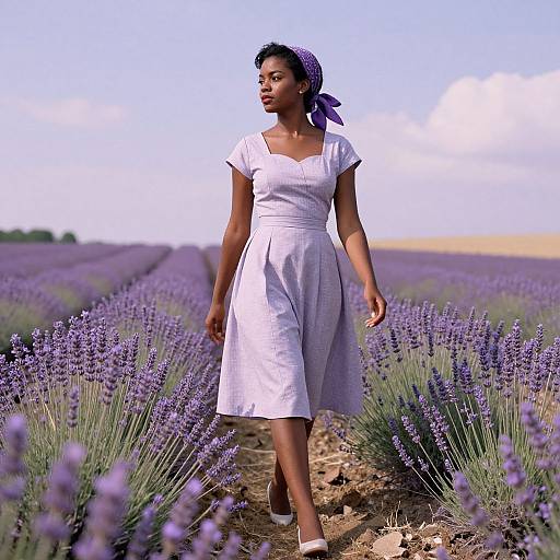 Photograph of a Black woman in a white dress and purple headscarf walking through a vibrant lavender field under a clear sky.