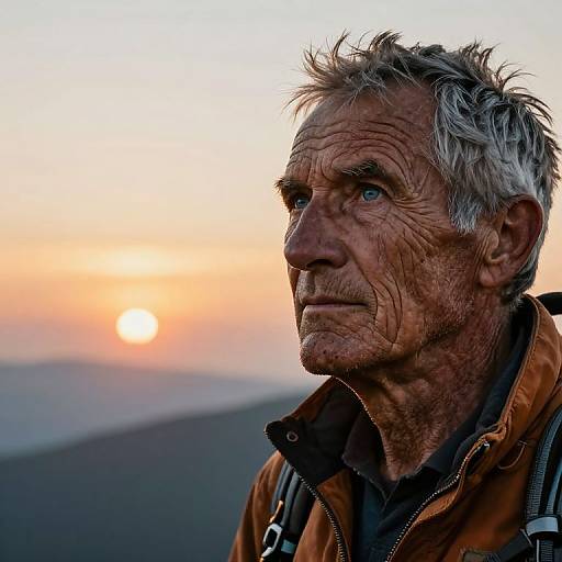 Photograph of an elderly man with weathered face, gray hair, and brown jacket, looking thoughtfully at sunset in the background.