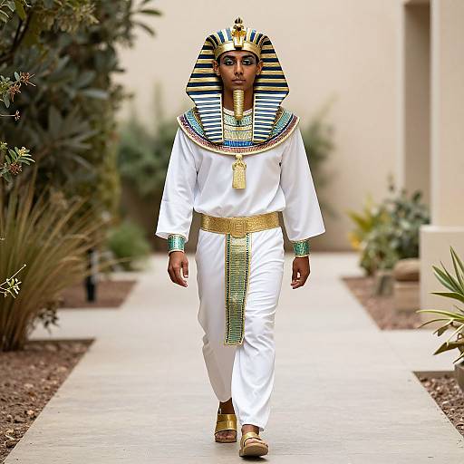 Photograph of a model in an Egyptian-inspired outfit with striped headdress, white tunic, gold belt, and sandals, walking a garden path.