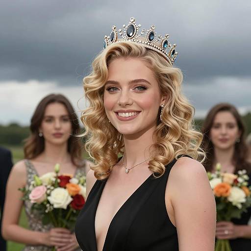 Blonde Woman with Jeweled Crown and Black Dress