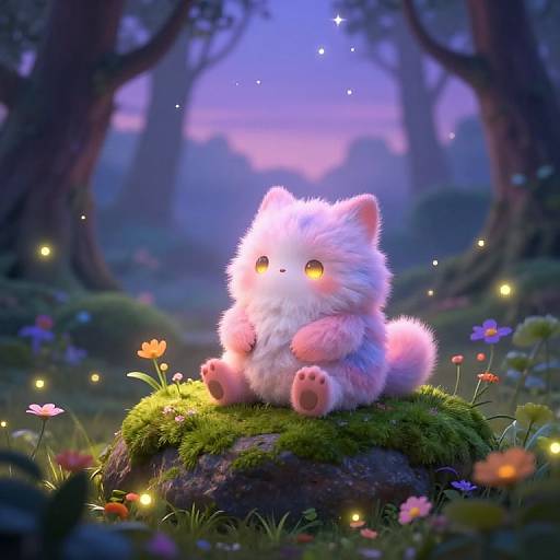CGI digital art of a cute, fluffy pink-and-white kitten with glowing yellow eyes sitting on a mossy rock in a magical, twilight forest filled