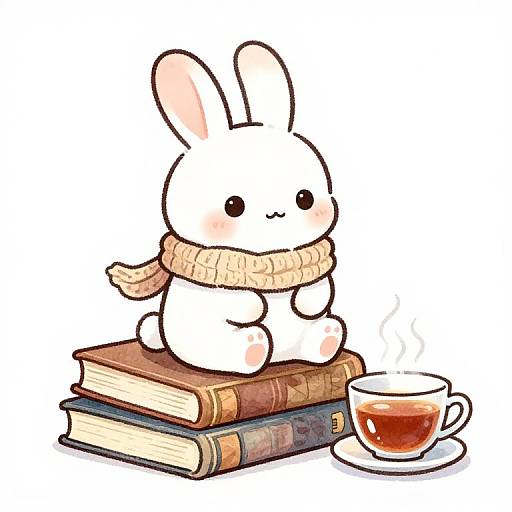 Cute white bunny with pink ears and a beige scarf, sitting on stacked books, next to a steaming teacup. Digital illustration.